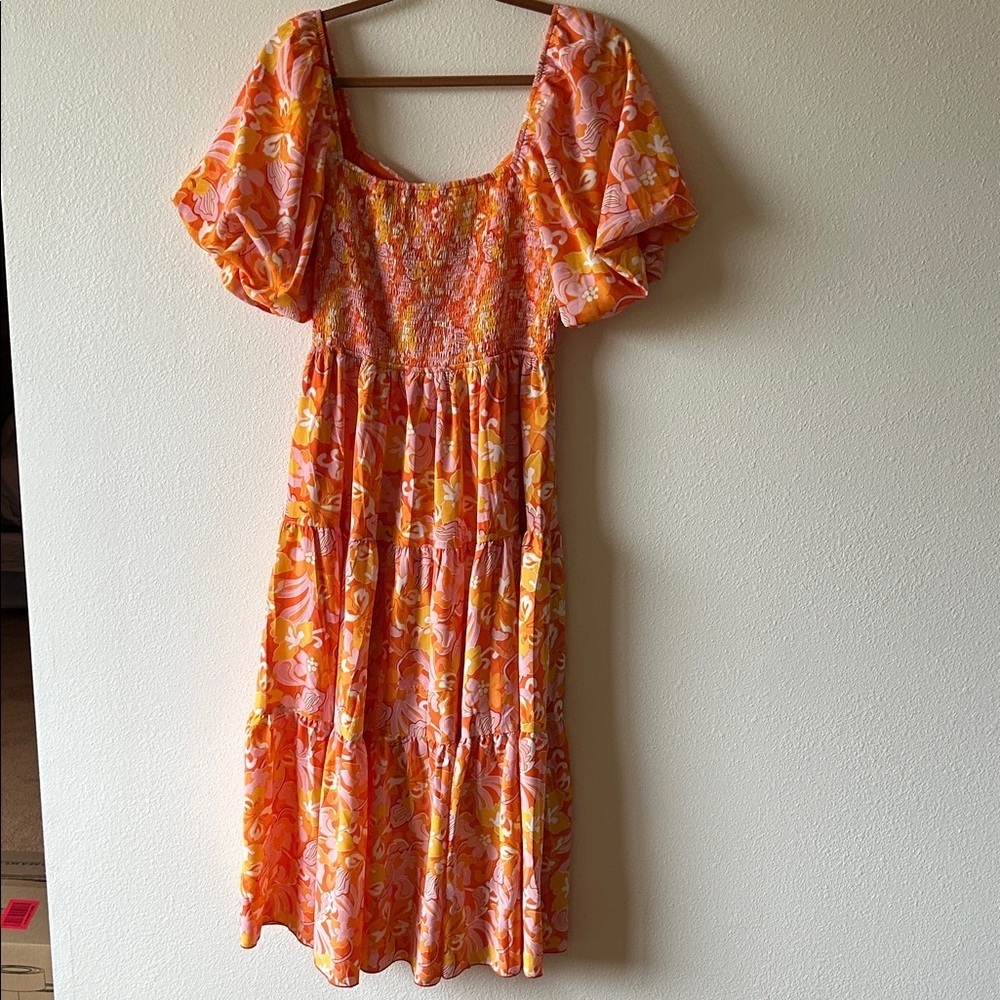 Puffy Sleeve Smocked Floral Orange and Pink Women's Dress - Picture 6 of 6
